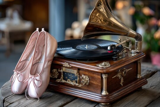 Vintage gramophone with ballet shoes beside it on a wooden table in a cozy setting