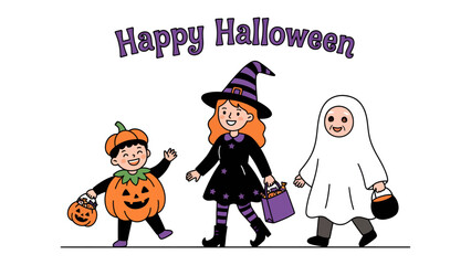 Happy Halloween Children: Three smiling children in fun Halloween costumes, a pumpkin, a witch, and a ghost, walk together carrying candy bags, wishing a spooky and delightful holiday.
