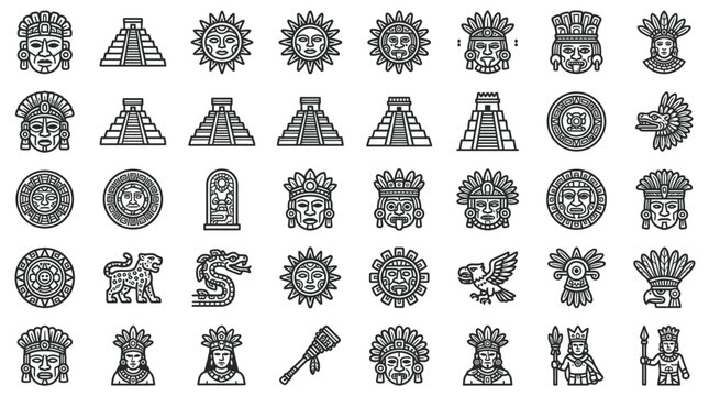 Set of ancient Aztec and Mayan cultural icons including stepped pyramids, feathered serpents, sun gods, tribal warrior headdresses, and calendar stones in black and white line art style.