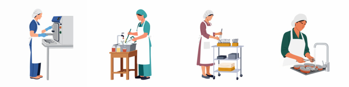 Medical staff cleaning and sterilizing surgical instruments in a hospital setting, set of flat vector illustrations on white background.