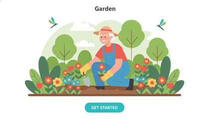 Fototapeta premium Elderly man happily gardening and planting colorful flowers in a beautiful park with trees and dragonflies flying around.