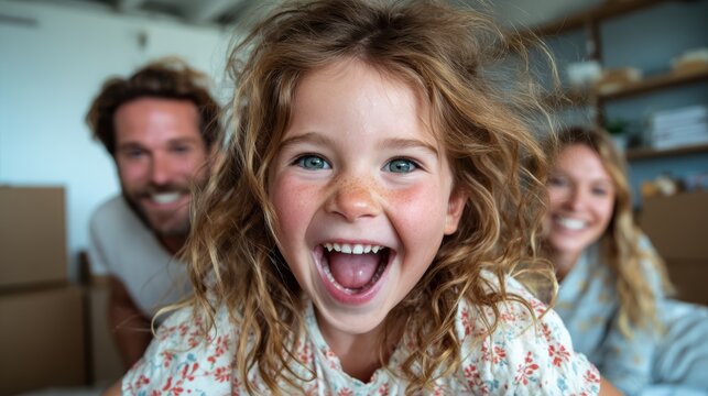 A joyful girl with curly hair smiles brightly in front of her happy family, embodying the essence of love, connection, and the joy of shared moments at home.