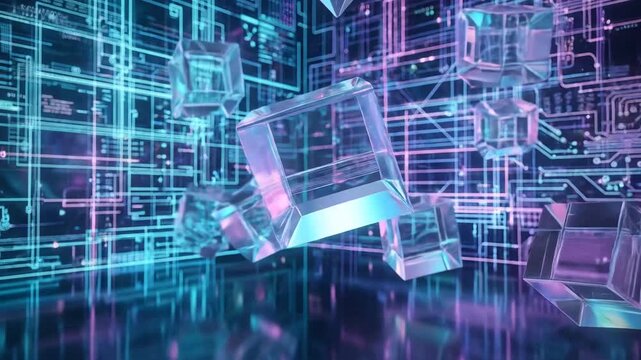 Futuristic digital holographic cubes floating in a neon-lit cyber environment showcasing advanced virtual reality interfaces
