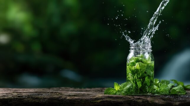 A dynamic still life image showcasing fresh mint leaves in a jar with water splashing, capturing the essence of freshness and vitality in a natural setting.