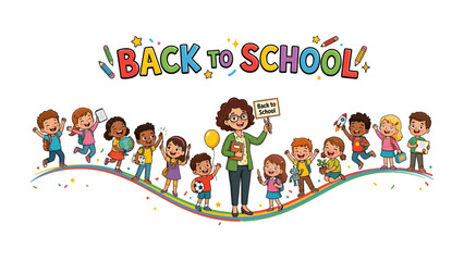 Fototapeta premium Back to School Celebration: A cheerful teacher surrounded by an enthusiastic group of diverse children, celebrating the joyous return to school with balloons, books, and a welcoming banner.
