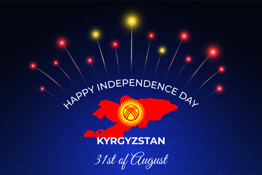 August 31, kyrgyzstan independence day. Kyrgyz map, flag fireworks on dark sky. National holiday august 31st independence day of kyrgyzstan. Greeting card with fireworks, flag. Vector