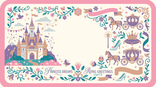 Pink fairytale princess dreams with castle and carriage.