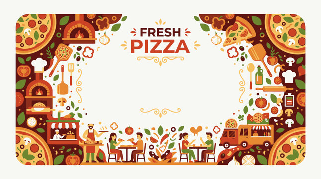 Pizza restaurant frame with food illustrations.