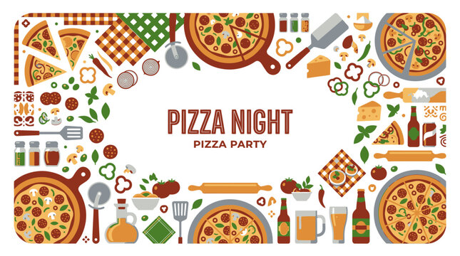 Pizza night Italian food and cooking border frame