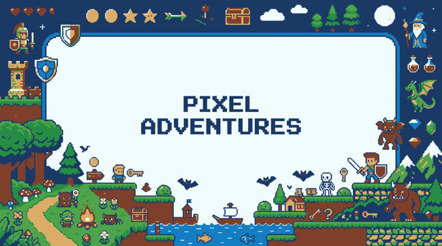 Pixel adventures retro gaming world 8-bit border frame