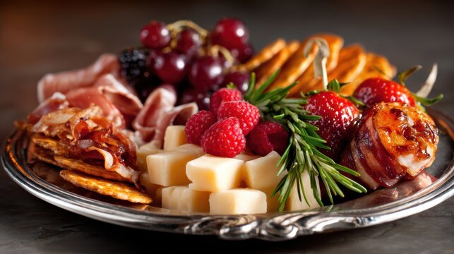 An enticing assortment of meats, cheeses, fruits, and nuts arranged on a silver platter showcases the art of charcuterie, perfect for social gatherings and culinary enjoyment.