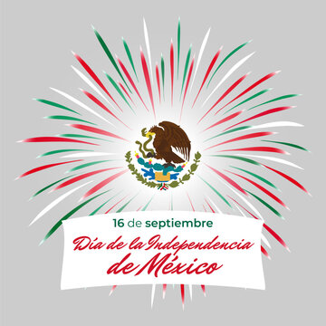 September 16 mexico independence day, mexican colorful fireworks flag, eagle emblem on white. Mexico national holiday. Greeting card. Vector. Translation september 16th, Mexican Independence Day