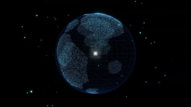 Digital dot globe rotating in space with glowing network points and wireframe sphere, abstract technology and global data connection background loop