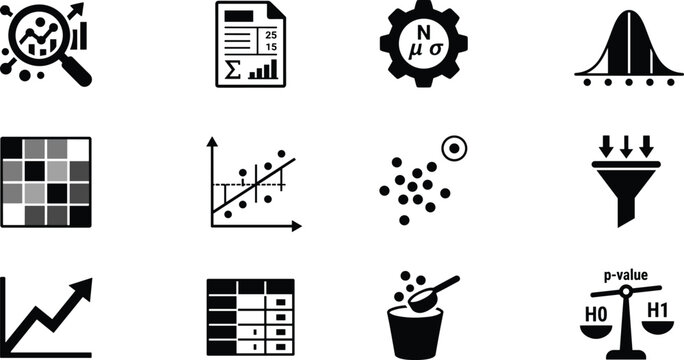 Data Science and Statistical Analysis Icon Set for Business Intelligence Research Analytics Dashboards Calculations and Information Reports vector design