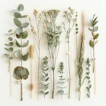Elegant botanical flat lay featuring various dried flowers and green eucalyptus stems on a clean white background, perfect for minimalist nature decor, organic herbarium collection and floral design.