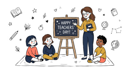 Happy Teachers' Day Celebration: A warm illustration depicting a teacher sharing knowledge with young students, surrounded by symbols of learning, celebrating the special day with joy and camaraderie.