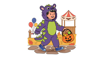 Halloween Dragon Costume Joy: A child dressed in a vibrant purple dragon costume happily walks with a pumpkin candy bucket, ready for trick-or-treating. The festive scene features balloons.