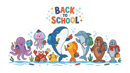 Naklejka premium Back to School Aquatic Adventure: A vibrant and whimsical illustration depicts a cast of cheerful sea creatures, including a whale, dolphin, octopus, crab, and fish.