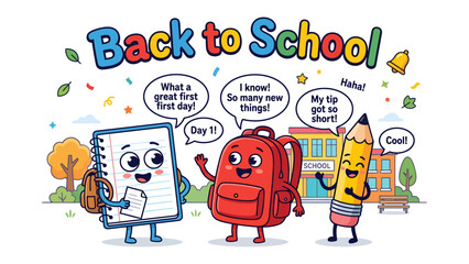 Fototapeta premium Back to School Celebration: Adorable anthropomorphic school supplies, including a notebook, backpack, and pencil.
