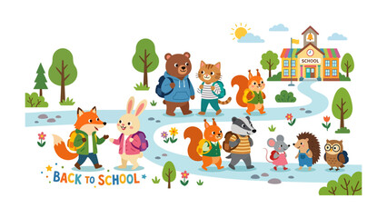 Fototapeta premium Back to School Animals: A charming group of woodland creatures, each with a backpack, walks along a path towards a school building, embracing the spirit of learning and adventure.