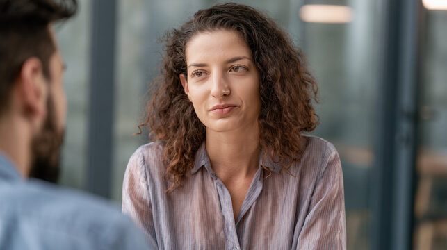 An HR specialist conducting a disciplinary conversation with an employee, waist-up shot, calm and professional demeanor, glass office wall blurred, realistic photo