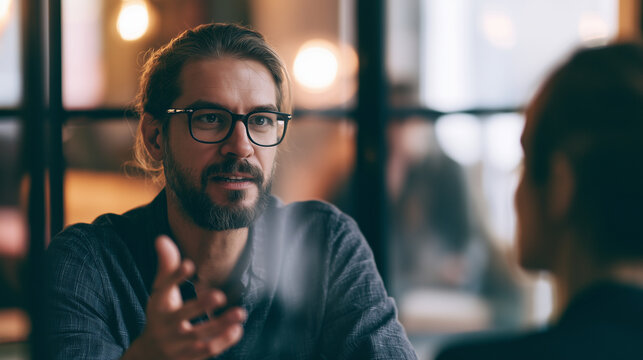 An HR manager explaining a flexible work arrangement policy to an employee, waist-up shot, cozy office corner blurred, soft natural light, candid photography