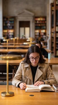 Young woman with glasses reading book at desk in traditional library. Concept of adult scholarship, focused literary research, quiet intellectual work.