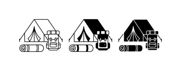 Obraz premium Camping Gear Icons: Tent, Backpack, Sleeping Bag Set, Outdoor Adventure