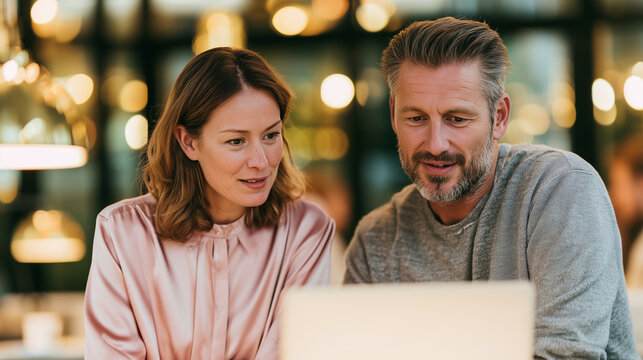 An HR partner and department manager discussing headcount strategy on a laptop, waist-up shot, modern office bokeh background, warm natural light, candid corporate photography