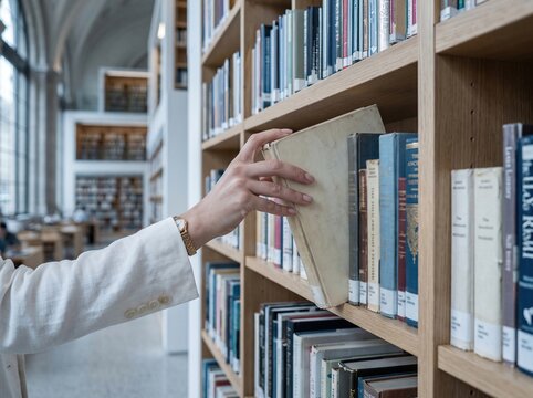 Close-up of female hand reaching for book on modern library shelf. Concept of textbook selection, educational publishing, learning resource choice.