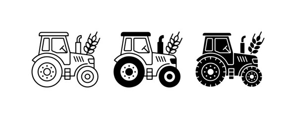 Farm Tractor Icons, Agriculture Vehicle Symbols, Harvest Wheat Vector Set © Raka