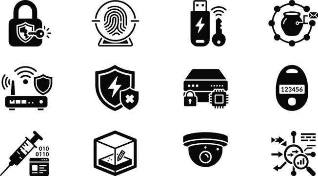 Network Cybersecurity and Infrastructure Defense Icon Set for Enterprise Data Protection Hardware Security Modules Threat Prevention vector design