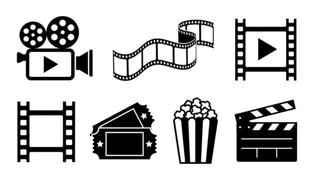 Set of black movie cinema icon graphics including film camera reel strip tickets popcorn and clapperboard with clapperboard, entertainment