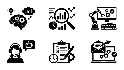 Fototapeta premium Business Analytics Icons: Brainstorming, Data Charts, Robot Arm, Support Bot, Checklist, Email Automation