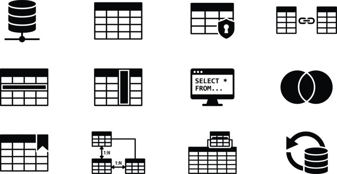 Relational Database Management System and SQL Query Icon Set for Data Modeling Tables Relationships and Backend Development vector design