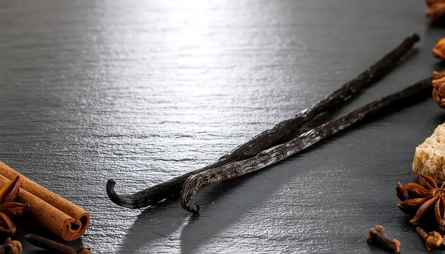 Dried vanilla pods and cinnamon sticks on dark background