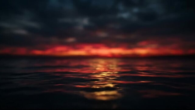 Dramatic sunset over a calm ocean surface with vibrant red and orange horizon scene