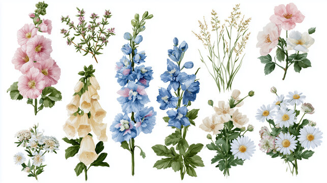 Beautiful botanical watercolor floral collection featuring an assortment of vibrant garden blossoms, delicate wildflowers, and lush green foliage, perfect for spring and summer designs, invitations,