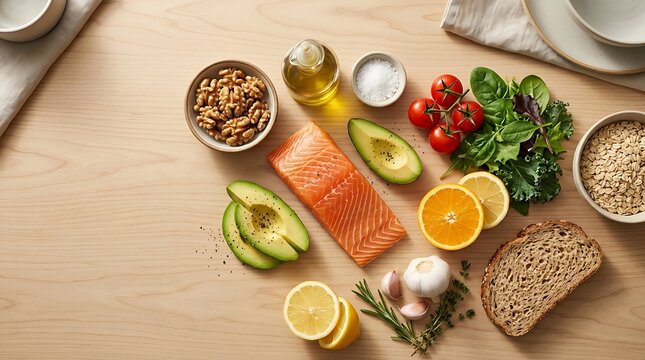 Fresh raw ingredients for healthy meal including salmon fillet avocado citrus greens and nuts on wooden surface