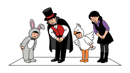 Circus Performers Take a Bow: A group of circus performers, including a magician, a child in a rabbit costume, and another in a bird costume, bow to the audience. A woman stands beside them.
