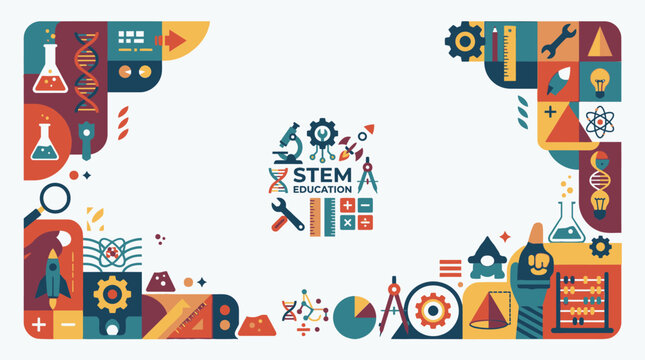 STEM education icons frame with science and technology tools.