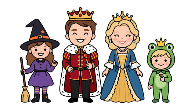 Fantasy Family Portrait: A charming group, including a witch, king, queen, and frog prince, poses together in a whimsical fantasy setting, embodying the spirit of imagination and childhood dreams.