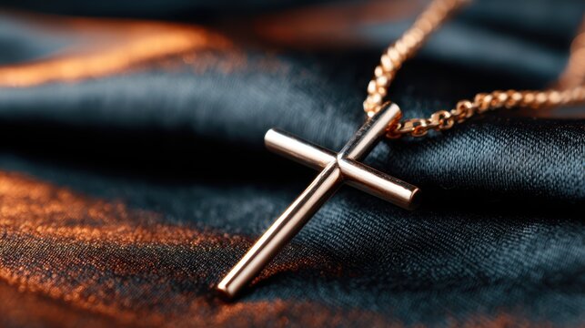 A beautifully crafted cross necklace resting on luxurious fabric, creating a striking contrast that highlights the intricate design and symbol of faith and spirituality.