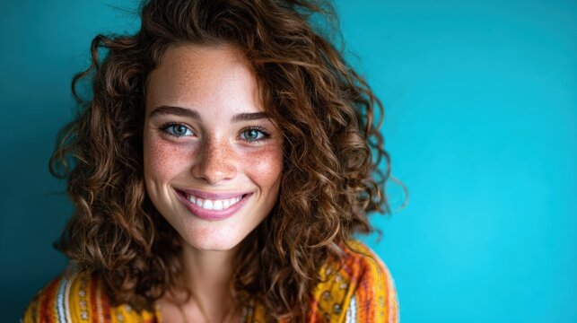 A smiling woman with curly hair exudes joy and warmth against a vibrant background, symbolizing confidence and happiness in everyday life and personal expression.