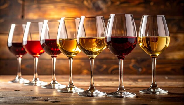 Elegant collection of various wine glasses filled with different colors of red and white wine arranged on a rustic wooden table background.