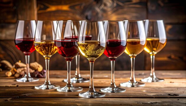 Elegant assortment of various red and white wine glasses arranged on a rustic wooden table for a sophisticated tasting experience in a bar.