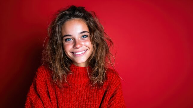 A bright, cheerful young woman with curly hair smiles warmly against a vibrant red background, exhibiting joy and positivity in her expression and demeanor.