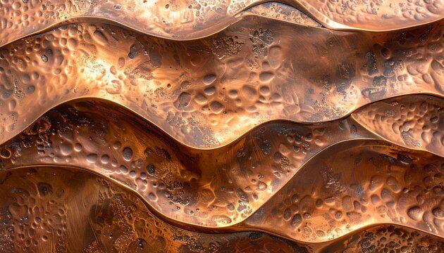 A beautiful abstract background featuring a wavy rippled surface made of polished copper metal with a unique hammered texture and warm glow.