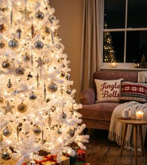 Obraz premium Christmas tree in shades of white and gold, garlands, lights and a pillow with the inscription jingle bells