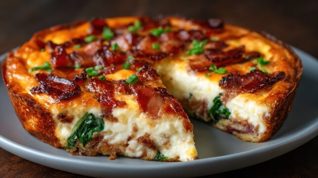 A mouthwatering bacon quiche cut into slices highlights crispy bacon and creamy filling, beautifully plated to showcase culinary craftsmanship and comfort food's delightful allure.